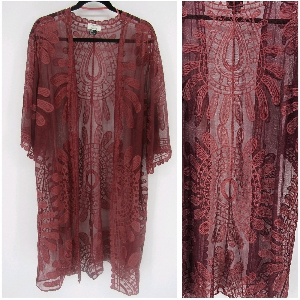 David and Young Kimono Cardigan Womens L Burgundy Lace Sheer Mesh Medallion Open